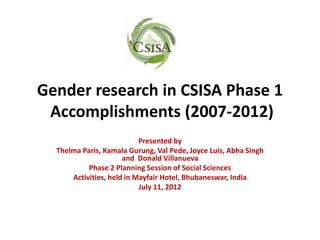 Gender research in CSISA Phase 1
 Accomplishments (2007-2012)
                           Presented by
  Thelma Paris, Kamala Gurung, Val Pede, Joyce Luis, Abha Singh
                      and Donald Villanueva
           Phase 2 Planning Session of Social Sciences
      Activities, held in Mayfair Hotel, Bhubaneswar, India
                           July 11, 2012
 