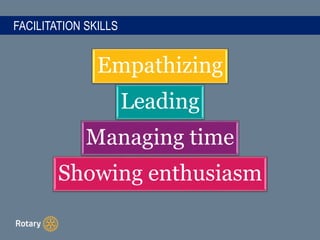 FACILITATION SKILLS
Empathizing
Leading
Managing time
Showing enthusiasm
 