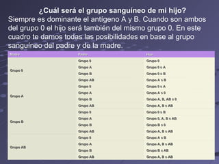 ¿Cuál será el grupo sanguíneo de mi hijo? Siempre es dominante el antígeno A y B. Cuando son ambos del grupo 0 el hijo será también del mismo grupo 0. En este cuadro te damos todas las posibilidades en base al grupo sanguíneo del padre y de la madre.  Madre Padre Hijo Grupo 0 Grupo 0 Grupo 0 Grupo A Grupo 0  o  A Grupo B Grupo 0  o  B Grupo AB Grupo A  o  B Grupo A Grupo 0 Grupo 0  o  A Grupo A Grupo A  o  0 Grupo B Grupo A, B, AB  o  0 Grupo AB Grupo A, B  o  AB Grupo B Grupo 0 Grupo 0  o  B Grupo A Grupo 0, A, B  o  AB Grupo B Grupo B  o  0 Grupo AB Grupo A, B  o  AB Grupo AB Grupo 0 Grupo A  o  B Grupo A Grupo A, B  o  AB Grupo B Grupo B  o  AB Grupo AB Grupo A, B  o  AB 