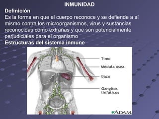 INMUNIDAD Definición Es la forma en que el cuerpo reconoce y se defiende a sí mismo contra los microorganismos, virus y sustancias reconocidas como extrañas y que son potencialmente perjudiciales para el organismo   Estructuras del sistema inmune   