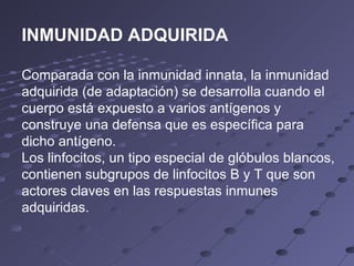 INMUNIDAD ADQUIRIDA Comparada con la inmunidad innata, la inmunidad adquirida (de adaptación) se desarrolla cuando el cuerpo está expuesto a varios antígenos y construye una defensa que es específica para dicho antígeno.  Los linfocitos, un tipo especial de glóbulos blancos, contienen subgrupos de linfocitos B y T que son actores claves en las respuestas inmunes adquiridas. 