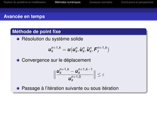 Position du problème et modélisation       Méthodes numériques   Quelques exemples   Conclusions et perspectives




Avancée en temps


       Méthode de point ﬁxe
               Résolution du système solide

                                       u n+1,k = u u n , u n , u n , F n+1,k
                                         s           s ˙ s ¨s          f

               Convergence sur le déplacement

                                            u n+1,k − u n+1,k −1
                                              s         s
                                                                      ≤ε
                                                    u n+1,0
                                                      s

               Passage à l’itération suivante ou sous itération
 