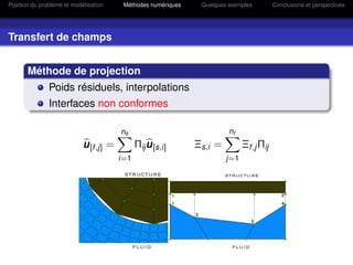Position du problème et modélisation      Méthodes numériques    Quelques exemples         Conclusions et perspectives




Transfert de champs


       Méthode de projection
               Poids résiduels, interpolations
               Interfaces non conformes

                                         ns                               nf
                            u [f ,j] =         Πij u [s,i]      Ξs,i =         Ξf ,j Πij
                                         i=1                             j=1
 