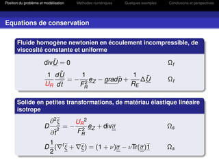 Position du problème et modélisation        Méthodes numériques   Quelques exemples   Conclusions et perspectives




Equations de conservation

       Fluide homogène newtonien en écoulement incompressible, de
       viscosité constante et uniforme
                          ˜
                       divU = 0                                                       Ωf
                            ˜
                         1 dU     1                1 ˜
                                              ˜
                              = − 2 eZ − grad p +    ∆U                               Ωf
                        UR dt    FR               RE

       Solide en petites transformations, de matériau élastique linéaire
       isotrope
                           ∂2ξ              UR 2
                       D           =−            e + divσ                             Ωs
                        ∂t
                               2            FR Z
                                              2

                        1          t
                       D (             ξ+     ξ) = (1 + ν)σ − νTr(σ)1                 Ωs
                        2
 