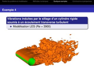 Position du problème et modélisation   Méthodes numériques   Quelques exemples   Conclusions et perspectives




Exemple 4


       Vibrations induites par le sillage d’un cylindre rigide
       soumis à un écoulement transverse turbulent
           Modélisation LES (Re = 3900)
 