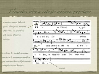 Elementos sobre a notação moderna gregoriana Uma das quatro linhas da pauta é designada por uma clave como Dó central ou Fá, quinta abaixo do mesmo. Um traço horizontal  acima ou por baixo de um neuma significa que o mesmo deve ser ligeiramente alongado na sua duração. neuma 