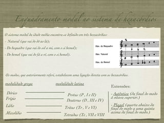 Enquadramento modal no sistema de hexacórdios O sistema modal da idade média encontra-se definido em três hexacórdios: -  Natural (que vai do dó ao lá); - Do bequadro (que vai do sol a mi, com o si bemol); - Do bemol (que vai do fá a ré, com o si bemol). Os modos, que anteriormente referi, estabelecem uma ligação directa com os hexacórdios. modalidade grega   modalidade latina Dórico  Frígio Lídio  Mixolídio Protus (P , I e II)  Deuterus (D , III e IV)  Tritus (Tr , V e VI) Tetradus (Te , VII e VIII  Extensões:  -   Autêntica  (da final do modo á oitava superior.) -  Plagal  (quarta abaixo da final do modo a uma quinta acima da final do modo.) 
