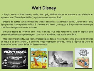- Surgiu assim a Walt Disney, onde, em 1928, Mickey Mouse se tornou o seu símbolo ao aparecer  em “Steamboat Willie”, o primeiro cartoon com áudio. - Depois de outras curtas-metragens criadas seguidas a Ateamboat Willie, Disney cria “ Silly Symphonies” cujo episódio mítico é “Flowers and Trees”, em 1932, e é o primeiro cartoon que conciliava imagem com som e a cores.  - Um ano depois do “Flowers and Trees” é criado “ Os Três Porquinhos” que foi popular pela personalidade de cada personagem com a qual a audiência se podia identificar. - Mas o seu maior êxito, que ficaria marcado para toda a história, foi com a criação de “Branca de Neve e os Sete Anões”, a primeira longa-metragem que deu início à “Época de Ouro da Animação” que a partir daí se foi desenvolvendo… Walt Disney 