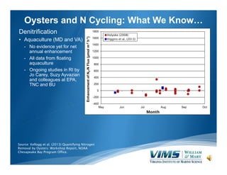 Oysters and N Cycling: What We Know…
Denitrification
- No evidence yet for net
annual enhancement
- All data from floating...