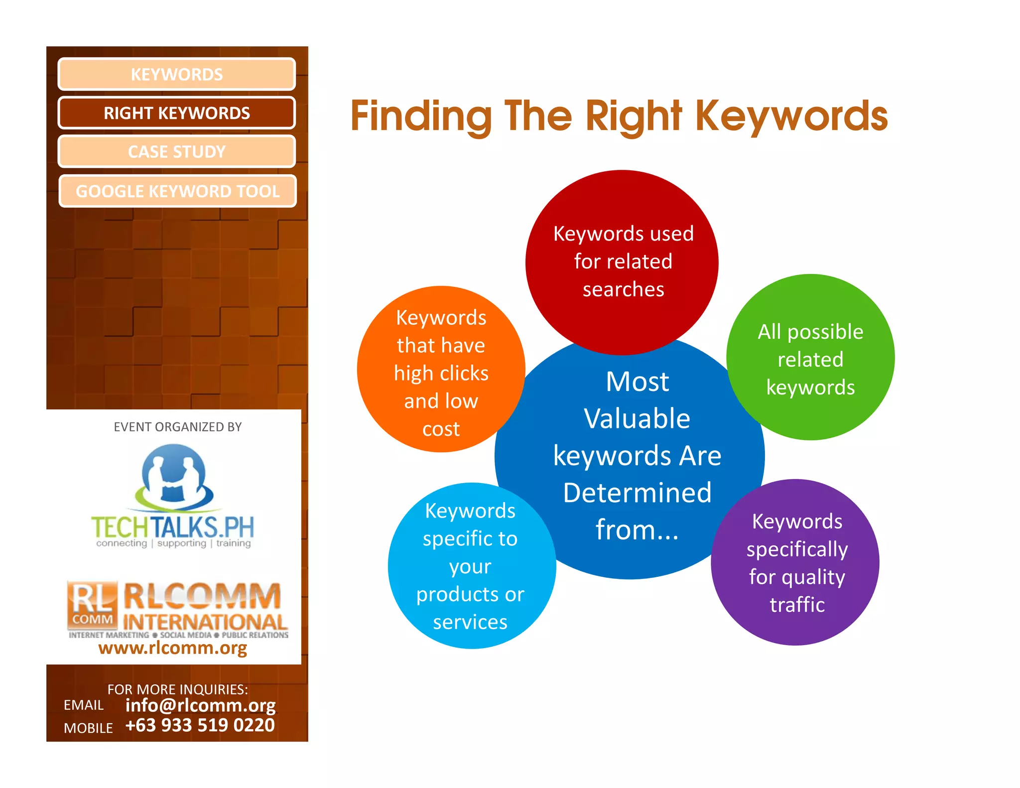 KEYWORDS
    RIGHT KEYWORDS
                              Finding The Right Keywords
          CASE STUDY

 GOOGLE KEYWORD TOOL

                                                 Keywords used
                                                   for related
                                                    searches
                                Keywords
                                                                  All possible
                                that have
                                                                    related
                                high clicks          Most          keywords
                                 and low
         EVENT ORGANIZED BY        cost            Valuable
                                                 keywords Are
                                                  Determined
                                   Keywords                       Keywords
                                   specific to      from...
                                                                 specifically
                                      your                       for quality
                                  products or                       traffic
                                    services
    www.rlcomm.org
        FOR MORE INQUIRIES:
EMAIL     info@rlcomm.org
MOBILE    +63 933 519 0220
 