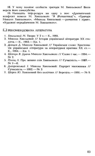 18. У чому полягає особиста трагедія М. Хвильового? Ваша
версія його самогубства.
19. Напишіть твір-роздум на одну з тем: «Драматичний
конфлікт новели М. Хвильового “Я (Романтика)"», «Трагедія
Миколи Хвильового», «Микола Хвильовий— романтик і лірик»,
«Художні передбачення М. Хвильового».
Щ РЕКОМЕНДОВАНА ЛІТЕРАТУРА
1. Хвильовий М. Твори: У 2 т.—-К., 1991.
2. Микола Хвильовий // Історія української літератури XX сто­
ліття.— К., 1993.— Кн. 1.
3. Донцов Д. Микола Хвильовий // Українське слово: Хрестома­
тія української літератури та літературної критики XX ст.—
К., 1994.— Кн. І.
4. Шевчук В. Драма Миколи Хвильового // Слово і час.— 1994.—
№ 2.
5. Плющ Л. Про запахи слів Хвильового // Сучасність.— 1987.—
№ 7— 8.
6. Дніпровський І. Микола Хвильовий: Портрет мятежника //
Сучасність.— 1992,-— № 3.
7. Шерех Ю. Хвильовий без політики // Березіль.— 1991.— № 9.
83
 