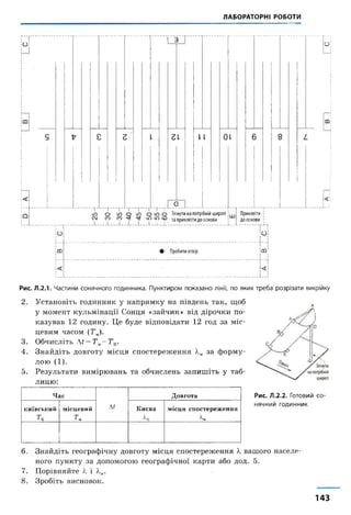 ЛАБОРАТОРНІ РОБОТИ
о ш о
ш
гі її оі
ПаГ" Т ----- Г " ' Т ' т -
ю о ю о
СМ П П
__І__
_Т - г т
о со о
сп і л со
_1__І_|_
Зігнути на потрібній широті
та приклеїти до основи
Приклеїти
до основи
ІО
іт • Пробити отвір
о :
ті
Рис. Л.2.1. Частини сонячного годинника. Пунктиром показано лінії, по яких треба розрізати викрійку
2. Установіть годинник у напрямку на південь так, щоб
у момент кульмінації Сонця «зайчик» від дірочки по­
казував 12 годину. Це буде відповідати 12 год за міс­
цевим часом (Тм).
3. Обчисліть ДГ= Тя- Тк.
4. Знайдіть довготу місця спостереження Х„ за форму­
лою (1).678
5. Результати вимірювань та обчислень запишіть у таб­
лицю:
Ч ас
м
Д овгота
К И Ї В С Ь К И Й
Т к
м ісц ев и й
ц
К иєва
ц
м ісц я сп о стер еж ен н я
к
А
Рис. Л.2.2. Готовий со­
нячний годинник
6. Знайдіть географічну довготу місця спостереження X вашого населе­
ного пункту за допомогою географічної карти або дод. 5.
7. Порівняйте X і Х„.
8. Зробіть висновок.
143
 