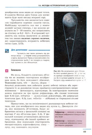 §6. МЕТОДИ АСТРОФІЗИЧНИХ ДОСЛІДЖЕНЬ
неозброєним оком видно як яскраві точки.
З планети Нептун диск Сонця для космо­
навтів буде мати вигляд яскравої зорі.
Чутливість ока визначається поро­
гом сприйняття окремих квантів світла.
Найбільшу чутливість око має у жовто-
зеленій частині спектра, і ми можемо ре­
агувати на 7—10 квантів, які потрапляють
на сітківку за 0,2—0,3 с. В астрономії чут­
ливість ока можна визначити за допомо­
гою так званих видимих зоряних величин,
які характеризують яскравість небесних
світил (див. §13).
||8 || Для ДОПИТЛИВИХ ---- т-.-- - г----------------
Чутливість ока також залежить від діа­
метра зіниці — у темряві зіниці розширюються,
а вдень звужуються. Перед астрономічними спо­
стереженнями треба 5 хв посидіти в темряві,
тоді чутливість ока збільшиться.
Телескопи Рис. 6.3. Ми розрізняємо диск Місяця,
бо його кутовий діаметр ЗО', у той час
як кратери неозброєним оком не вид­
но, бо їх кутовий діаметр менший за 1'.
Гострота зору визначається кутом а>1'
На жаль, більшість космічних об’єк­
тів ми не можемо спостерігати неозброє­
ним оком, бо його можливості обмежені.
Телескопи (грец. tele — далеко, skopos —
бачити) дозволяють нам побачити далекі небесні світила або зареє­
струвати їх за допомогою інших приймачів електромагнітного випро­
мінювання — фотоапарата, відеокамери. За конструкцією телескопи
можна поділити на три групи: рефрактори, або лінзові телескопи
(рис 6.4) (лат. refractus — заломлення)', рефлектори, або дзеркальні
телескопи (рис. 6.5), (лат. reflectio — відбиваю) та дзеркально-лінзові
телескопи.
Припустимо, що на нескінченності розташовується небесне сві­
тило, яке для неозброєного ока видно під кутом а,. Двоопукла лін­
за, яку називають об’єктивом, будує зо­
браження світила у фокальній площині на
відстані F від об’єктива (рис. 6.4). У фо­
кальній площині установлюють фотоплас-
тину, відеокамеру або інший приймач зо­
браження. Для візуальних спостережень
використовують короткофокусну лінзу —
лупу, яку називають окуляром.
Рефрактор — телескоп, у якому для
створення зображення використову­
ють лінзи
Рефлектор — телескоп, у якому
для створення зображення вико­
ристовують дзеркало
49
 