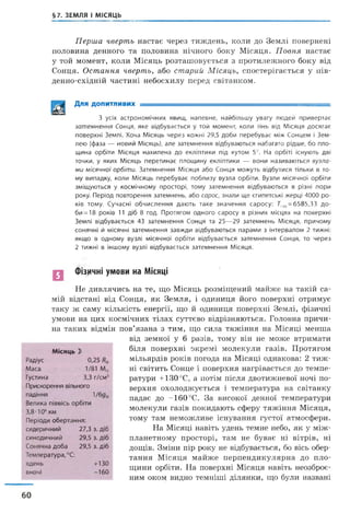 §7. ЗЕМЛЯ І МІСЯЦЬ
Перша чверть настає через тиждень, коли до Землі повернені
половина денного та половина нічного боку Місяця. Повня настає
у той момент, коли Місяць розташовується з протилежного боку від
Сонця. Остання чверть, або старий Місяць, спостерігається у пів­
денно-східній частині небосхилу перед світанком.
Для допитливих
З усіх астрономічних явищ, напевне, найбільшу увагу людей привертає
затемнення Сонця, яке відбувається у той момент, коли тінь від Місяця досягає
поверхні Землі. Хоча Місяць через кожні 29,5 доби перебуває між Сонцем і Зем­
лею (фаза — новий Місяць), але затемнення відбуваються набагато рідше, бо пло­
щина орбіти Місяця нахилена до екліптики під кутом 5°. На орбіті існують дві
точки, у яких Місяць перетинає площину екліптики — вони називаються вузла­
ми місячної орбіти. Затемнення Місяця або Сонця можуть відбутися тільки в то­
му випадку, коли Місяць перебуває поблизу вузла орбіти. Вузли місячної орбіти
зміщуються у космічному просторі, тому затемнення відбуваються в різні пори
року. Період повторення затемнень, або сарос, знали ще єгипетські жерці 4000 ро­
ків тому. Сучасні обчислення дають таке значення саросу: Гсар= 6585,33 до-
би = 18 років 11 діб 8 год. Протягом одного саросу в різних місцях на поверхні
Землі відбувається 43 затемнення Сонця та 25—29 затемнень Місяця, причому
сонячні й місячні затемнення завжди відбуваються парами з інтервалом 2 тижні:
якщо в одному вузлі місячної орбіти відбувається затемнення Сонця, то через
2 тижні в іншому вузлі відбувається затемнення Місяця.
Фізичні умови на Місяці
Не дивлячись на те, що Місяць розміщений майже на такій са­
мій відстані від Сонця, як Земля, і одиниця його поверхні отримує
таку ж саму кількість енергії, що й одиниця поверхні Землі, фізичні
умови на цих космічних тілах суттєво відрізняються. Головна причи­
на таких відмін пов’язана з тим, що сила тяжіння на Місяці менша
від земної у 6 разів, тому він не може втримати
біля поверхні окремі молекули газів. Протягом
мільярдів років погода на Місяці однакова: 2 тиж­
ні світить Сонце і поверхня нагрівається до темпе­
ратури + 130 °С, а потім після двотижневої ночі по­
верхня охолоджується і температура на світанку
падає до -160°С. За високої денної температури
молекули газів покидають сферу тяжіння Місяця,
тому там неможливе існування густої атмосфери.
На Місяці навіть удень темне небо, як у між­
планетному просторі, там не буває ні вітрів, ні
дощів. Зміни пір року не відбувається, бо вісь обер­
тання Місяця майже перпендикулярна до пло­
щини орбіти. На поверхні Місяця навіть неозброє­
ним оком видно темніші ділянки, що були названі
Місяць 1)
Радіус 0,25
Маса 1/81ме
Густина 3,3 г/см3
Прискорення вільного
падіння 1
Велика піввісь орбіти
3,8•106км
Періоди обертання:
сидеричний 27,3 3. діб
синодичний 29,5 з. діб
Сонячна доба
Температура,°С:
29,5 з. діб
вдень +130
вночі -160
60
 