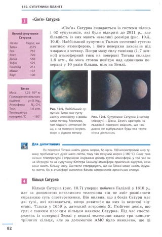 §10. СУПУТНИКИ ПЛАНЕТ
«Сім'я» Сатурна
Великі супутники
Сатурна
Назва Радіус, км
Титан 2575
Рея 765
Япет 720
Діона 560
Тефія 525
Енцелад 251
Мімас 197
Янус 100
Титан
Маса 1,25-1023кг
Прискорення вільного
падіння д=0,14д®
Атмосфера М/ СН4
Тиск 1,6 атм.
Температура
поверхні, °С -180°
«Сім’я» Сатурна складається із системи кілець
і 62 супутників, які були відкриті до 2011 р., але
більшість із них мають невеликі розміри (рис. 10.5,
10.6). Найбільший супутник Титан оточений густою
азотною атмосферою, і його поверхня захована під
хмарами з метану. Попри малу силу тяжіння (1/7 зем­
ної) атмосферний тиск на поверхні Титана складає
1,6 атм., бо маса стовпа повітря над одиницею по­
верхні у 10 разів більша, ніж на Землі.
Рис. 10.5. Найбільший су­
путник Титан має густу
азотну атмосферу з доміш­
ками метану. Можливо,
там падають метанові до­
щі, а на поверхні існують
моря з рідкого метану
Рис. 10.6. Супутники Сатурна Енцелад
(ліворуч) і Діона. Безліч кратерів на
льодовій поверхні свідчать, що там
давно не відбувалася будь-яка текто­
нічна діяльність
Для ДОПИТЛИВИХ _______________ ______:
На поверхні Титана навіть удень морок, бо крізь 100-кілометровий шар ту­
ману пробивається дуже мало світла, тому там пекучий мороз (-180 °С). Саме така
низька температура і спричиняє існування досить густої атмосфери, у той час як
на Меркурії та на супутнику Юпітера Ганімеді атмосфера практично відсутня, хоча
вони мають більшу масу. Фантасти стверджують, що на Титані може навіть існува­
ти життя, бо в атмосфері виявлено багато компонентів органічних сполук.
Кільця Сатурна
Кільця Сатурна (рис. 10.7) уперше побачив Галілей у 1610 р.,
але за допомогою невеликого телескопа він не зміг розпізнати
справжню суть спостереження. Він виявив, що з боків Сатурн має
дві ґулі, які зливаються, якщо дивитися на них із великої від­
стані. Тільки у 1659 р. датський астроном X. Гюйгенс довів, що
ґулі є тонким плоским кільцем навколо Сатурна. Під час спосте­
режень із поверхні Землі у великі телескопи видно три концен­
тричних кільця, але за допомогою АМС було виявлено, що ці
82
 