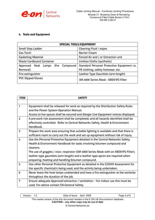 Cable Jointing Manual - Combined Jointing Procedures
Module 21 Breaking Down & Remaking
Compound Filled Cable Boxes (11kV)
OD-NE-CJM.21

4. Tools and Equipment
SPECIAL TOOLS/EQUIPMENT
Small Step Ladder
Cleaning Fluid / wipes
Gas Torch
Barrier Cream
Gasketing Material
Forced Air and / or Extraction unit
Waste Cardboard Container
Lintless Cloths (synthetic)
Approved Heat Lamps (For Compound Standard Personal Protective Equipment i.e.
Removal)
FR clothing, safety footwear, etc.
Fire extinguisher
Leather Type Gauntlets (arm length)
PVC Dipped Gloves
3M 4000 Series Mask - ABEK1P2 Filter

ITEM

1

2

3
4

5
6
7

SAFETY

Equipment shall be released for work as required by the Distribution Safety Rules
and the Power System Operation Manual.
Access to live spouts shall be secured and Danger Live Equipment notices displayed.
A pre-work risk assessment shall be completed, and all hazards identified shall be
effectively controlled. Refer to Central Networks Safety, Health & Environment
Handbook.
Prepare the work area ensuring that suitable lighting is available and that there is
sufficient room to carry out the work and set up equipment without risk of injury.
Use the Personal Protective Equipment detailed in the Central Networks Safety,
Health & Environment Handbook for tasks involving bitumen compound and
cleaners.
The use of goggles / visor, respirator (3M 4000 Series Mask with an ABEK1P2 Filter),
leather type gauntlets (arm length) and a leather type apron are required when
preparing, heating and handling bitumen compound.
Use other Personal Protective Equipment as detailed in the COSHH Assessment for
the specific chemical/s being used, and the activity being undertaken.
Never leave the heat lamps unattended and have a fire extinguisher at the worksite
throughout the duration of the job.
Ensure adequate Approved extraction / ventilation – For indoor use this must be
used. For advice contact CN General Safety.

Version: 1.0

Date of Issue: April 2009

Page 4 of 8

The master version of the this document resides in the E.ON UK Documentum database
CAUTION – any other copy may be out of date
© Central Networks plc

 