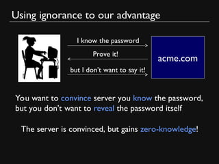 Using ignorance to our advantage
acme.com
I know the password
Prove it!
You want to convince server you know the password,
but you don’t want to reveal the password itself
The server is convinced, but gains zero-knowledge!
but I don’t want to say it!
 