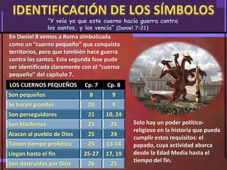 En Daniel 8 vemos a Roma simbolizada
como un “cuerno pequeño” que conquista
territorios, pero que también hace guerra
contra los santos. Esta segunda fase pude
ser identificada claramente con el “cuerno
pequeño” del capítulo 7.
Solo hay un poder político-
religioso en la historia que pueda
cumplir estos requisitos: el
papado, cuya actividad abarca
desde la Edad Media hasta el
tiempo del fin.
LOS CUERNOS PEQUEÑOS Cp. 7 Cp. 8
Son pequeños 8 9
Se hacen grandes 20 9
Son perseguidores 21 10, 24
Son blasfemos 25 25
Atacan al pueblo de Dios 25 24
Tienen tiempo profético 25 13-14
Llegan hasta el fin 25-27 17, 19
Son destruidos por Dios 26 25
“Y veía yo que este cuerno hacía guerra contra
los santos, y los vencía” (Daniel 7:21)
 