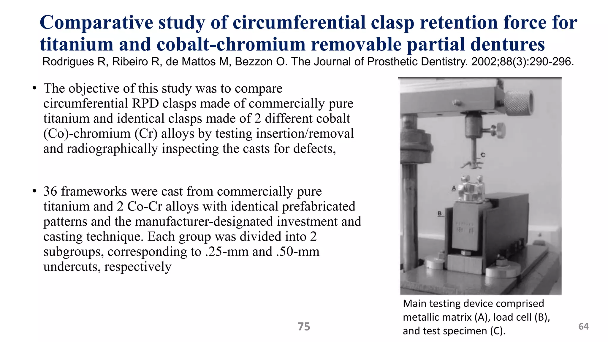 Comparative study of circumferential clasp retention force for
titanium and cobalt-chromium removable partial dentures
• The objective of this study was to compare
circumferential RPD clasps made of commercially pure
titanium and identical clasps made of 2 different cobalt
(Co)-chromium (Cr) alloys by testing insertion/removal
and radiographically inspecting the casts for defects,
• 36 frameworks were cast from commercially pure
titanium and 2 Co-Cr alloys with identical prefabricated
patterns and the manufacturer-designated investment and
casting technique. Each group was divided into 2
subgroups, corresponding to .25-mm and .50-mm
undercuts, respectively
75 64
Main testing device comprised
metallic matrix (A), load cell (B),
and test specimen (C).
Rodrigues R, Ribeiro R, de Mattos M, Bezzon O. The Journal of Prosthetic Dentistry. 2002;88(3):290-296.
 