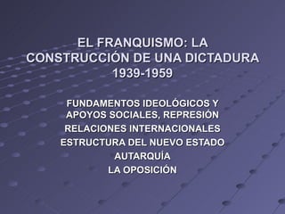 EL FRANQUISMO: LA
CONSTRUCCIÓN DE UNA DICTADURA
           1939-1959

     FUNDAMENTOS IDEOLÓGICOS Y
     APOYOS SOCIALES, REPRESIÓN
     RELACIONES INTERNACIONALES
    ESTRUCTURA DEL NUEVO ESTADO
             AUTARQUÍA
            LA OPOSICIÓN
 