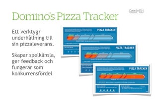 Domino’s Pizza Tracker
Ett verktyg/
underhållning till
sin pizzaleverans.

Skapar spelkänsla,
ger feedback och
fungerar som
konkurrensfördel
 