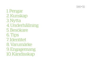 1. Pengar
2. Kunskap
3. Nytta
4. Underhållning
5. Besökare
6. Tips
7. Identitet
8. Varumärke
9. Engagemang
10. Kändisskap
 