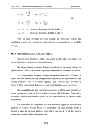 USP – EESC – Departamento de Engenharia de Estruturas Lajes maciças
11.13
m
p
x x
x
 


2
100
m
p
x x
x
' ' 


2
100
m
p
y y
x
 


2
100
m
p
y y
x
' ' 


2
100
mx , m x'  momentos fletores na direção do vão  x
my , m y'  momentos fletores na direção do vão  y
Para as lajes armadas em uma direção, os momentos fletores são
calculados a partir dos coeficientes adimensionais correspondentes à condição
 = y/x.
11.4.4 Compatibilização de momentos fletores
Os momentos fletores nos vãos e nos apoios também são conhecidos como
momentos positivos e negativos, respectivamente.
No cálculo desses momentos fletores, consideram-se os apoios internos de
lajes contínuas como perfeitamente engastados. Na realidade, isto pode não ocorrer.
Em um pavimento, em geral, as lajes adjacentes diferem nas condições de
apoio, nos vãos teóricos ou nos carregamentos, resultando, no apoio comum, dois
valores diferentes para o momento negativo. Esta situação está ilustrada na
Figura 6. Daí a necessidade de promover a compatibilização desses momentos.
Na compatibilização dos momentos negativos, o critério usual consiste em
adotar o maior valor entre a média dos dois momentos e 80% do maior. Esse critério
apresenta razoável aproximação quando os dois momentos são da mesma ordem
de grandeza.
Em decorrência da compatibilização dos momentos negativos, os momentos
positivos na mesma direção devem ser analisados. Se essa correção tende a
diminuir o valor do momento positivo, como ocorre nas lajes L1 e L4 da Figura 6,
ignora-se a redução (a favor da segurança).
(6)
 