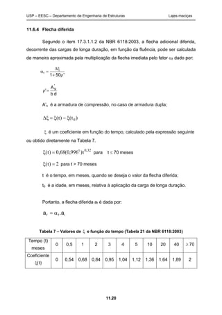 USP – EESC – Departamento de Engenharia de Estruturas Lajes maciças
11.20
11.6.4 Flecha diferida
Segundo o item 17.3.1.1.2 da NBR 6118:2003, a flecha adicional diferida,
decorrente das cargas de longa duração, em função da fluência, pode ser calculada
de maneira aproximada pela multiplicação da flecha imediata pelo fator f dado por:
f
1 50 '

 
 
db
A
'
'
s

A’s é a armadura de compressão, no caso de armadura dupla;
)t()t( 0
 é um coeficiente em função do tempo, calculado pela expressão seguinte
ou obtido diretamente na Tabela 7.
32,0t
t)996,0(68,0)t(  para t  70 meses
2)t(  para t > 70 meses
t é o tempo, em meses, quando se deseja o valor da flecha diferida;
t0 é a idade, em meses, relativa à aplicação da carga de longa duração.
Portanto, a flecha diferida af é dada por:
iff .aa 
Tabela 7 – Valores de  e função do tempo (Tabela 21 da NBR 6118:2003)
Tempo (t)
meses
0 0,5 1 2 3 4 5 10 20 40  70
Coeficiente
(t)
0 0,54 0,68 0,84 0,95 1,04 1,12 1,36 1,64 1,89 2
 