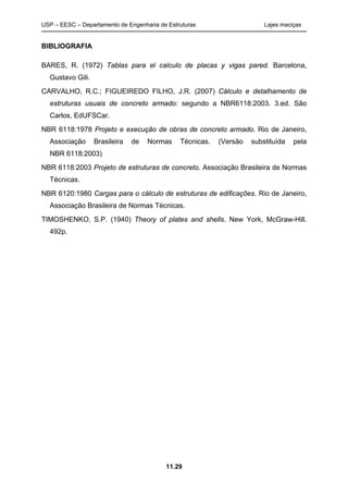 USP – EESC – Departamento de Engenharia de Estruturas Lajes maciças
11.29
BIBLIOGRAFIA
BARES, R. (1972) Tablas para el calculo de placas y vigas pared. Barcelona,
Gustavo Gili.
CARVALHO, R.C.; FIGUEIREDO FILHO, J.R. (2007) Cálculo e detalhamento de
estruturas usuais de concreto armado: segundo a NBR6118:2003. 3.ed. São
Carlos, EdUFSCar.
NBR 6118:1978 Projeto e execução de obras de concreto armado. Rio de Janeiro,
Associação Brasileira de Normas Técnicas. (Versão substituída pela
NBR 6118:2003)
NBR 6118:2003 Projeto de estruturas de concreto. Associação Brasileira de Normas
Técnicas.
NBR 6120:1980 Cargas para o cálculo de estruturas de edificações. Rio de Janeiro,
Associação Brasileira de Normas Técnicas.
TIMOSHENKO, S.P. (1940) Theory of plates and shells. New York, McGraw-Hill.
492p.
 