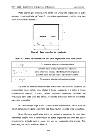 USP – EESC – Departamento de Engenharia de Estruturas Lajes maciças
11.5
Pode ocorrer, por exemplo, uma borda com uma parte engastada e a outra
apoiada, como mostrado na Figura 3. Um critério aproximado, possível para este
caso, é indicado na Tabela 3.
Figura 3 - Caso específico de vinculação
Tabela 3 – Critério para bordas com uma parte engastada e outra parte apoiada


y1
y

3
Considera-se a borda totalmente apoiada


y
y1
y
3
2
3
 

Calculam-se os esforços para as duas situações
 borda totalmente apoiada e borda totalmente engastada 
e adotam-se os maiores valores no dimensionamento


y1
y

2
3
Considera-se a borda totalmente engastada
Se a laje do exemplo anterior fosse armada em uma direção, poderiam ser
consideradas duas partes, uma relativa à borda engastada e a outra, à borda
simplesmente apoiada. Portanto, seriam admitidas diferentes condições de
vinculação para cada uma das partes, resultando armaduras também diferentes,
para cada uma delas.
No caso de lajes adjacentes, como indicado anteriormente, vários aspectos
devem ser analisados para se adotar o tipo de apoio, nos vínculos entre essas lajes.
Uma diferença significativa entre os momentos negativos de duas lajes
adjacentes poderia levar à consideração de borda engastada para uma das lajes e
simplesmente apoiada para a outra, em vez de engastada para ambas. Tais
considerações são indicadas na Figura 4.
 