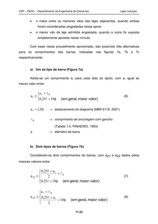 USP – EESC – Departamento de Engenharia de Estruturas Lajes maciças
11.23
• o maior entre os menores vãos das lajes adjacentes, quando ambas
foram consideradas engastadas nesse apoio;
• o menor vão da laje admitida engastada, quando a outra foi suposta
simplesmente apoiada nesse vínculo.
Com base nesse procedimento aproximado, são possíveis três alternativas
para os comprimentos das barras, indicadas nas figuras 7a, 7b e 7c
respectivamente.
a) Um só tipo de barra (Figura 7a)
Adota-se um comprimento a1 para cada lado do apoio, com a1 igual ao
menor valor entre:



φ+
+
≥
valor)maiorgeral,(em1025,0
a
a b
1
l
ll
(6)
d5,1a =l → deslocamento do diagrama (NBR 6118, 2001)
l b → comprimento de ancoragem com gancho
(Tabela 1.5, PINHEIRO, 1993)
φ → diâmetro da barra
b) Dois tipos de barras (Figura 7b)
Consideram-se dois comprimentos de barras, com a21 e a22 dados pelos
maiores valores entre:




φ+
+
+
≥
valor)maiorgeral,(em1025,0
2
a25,0
a b
21
l
l
l l
(7)




φ+
+
+
≥
valor)maiorgeral,(em10
2
a25,0
a
a
b
22 l
l
l
l
(8)
 