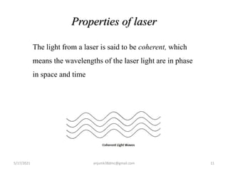 Properties of laser
5/17/2021 anjumk38dmc@gmail.com 11
The light from a laser is said to be coherent, which
means the wavelengths of the laser light are in phase
in space and time
 