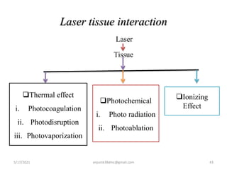 Laser tissue interaction
Laser
Tissue
5/17/2021 anjumk38dmc@gmail.com 43
Thermal effect
i. Photocoagulation
ii. Photodisruption
iii. Photovaporization
Photochemical
i. Photo radiation
ii. Photoablation
Ionizing
Effect
 