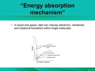 “Energy absorption
mechanism”
• In liquid and gases, light can induces electronic, vibrational,
and rotational transitions within single molecules.
 