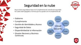 Seguridad en la nube
• Gobierno
• Cumplimiento
• Gestión de Identidades y Acceso
• Seguridad de Datos
• Disponibilidad de la información
• Disaster Recovery y Business
Continuity
 