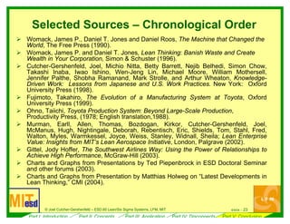 6/ 20l l
Lean “Disconnects”
¾ Small Groups
¾ Discuss disconnects that you have observed in lean
implementation initiatives
or
¾ Discuss potential disconnects that might arise in the
implementation of the new work cells in the previous exercise
¾ Full Group
¾ Identify patterns in the data and overall implications
9/04 --© Joe Cutcher-Gershenfe d – ESD.60 Lean/Six Sigma Systems, LFM, MIT
Part I: Introduction Part II: Concepts Part III: Application Part IV: Disconnects Part V: Conclusion
 