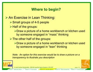 6/ 5l l
Where to begin?
¾ An Exercise in Lean Thinking:
¾Small groups of 4-5 people
¾Half of the groups:
¾Draw a picture of a home workbench or kitchen used
by someone engaged in “mass” thinking
¾The other half of the groups:
¾Draw a picture of a home workbench or kitchen used
by someone engaged in “lean” thinking
Note:
transparency to illustrate you description
9/04 --© Joe Cutcher-Gershenfe d – ESD.60 Lean/Six Sigma Systems, LFM, MIT
An option for this exercise would be to draw a picture on a
Part I: Introduction Part II: Concepts Part III: Application Part IV: Disconnects Part V: Conclusion
 