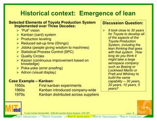 6/ 9l l
Historical context: Emergence of lean
Selected Elements of Toyota Production System
Implemented over Three Decades:
¾ “Pull” vision
¾ Kanban (card) system
¾ Production leveling
¾ Reduced set-up time (Shingo)
¾ Jidoka (people giving wisdom to machines)
¾ Statistical Process Control (SPC)
¾ Quality Circles
¾ Kaizen (continuous improvement based on
knowledge)
¾ Poka-yoke (error proofing)
¾ Adnon (visual display)
1950s
1960s
1970s
Discussion Question:
¾ l
of the aspects of the
System, including the
with that system. How
long do you think it
might take a large
aerospace company
Lockheed Martin or
Pratt and Whitney to
build the same
years?
9/04 --© Joe Cutcher-Gershenfe d – ESD.60 Lean/Six Sigma Systems, LFM, MIT
Case Example – Kanban:
First kanban experiments
Kanban introduced company-wide
Kanban distributed across suppliers
It took c ose to 30 years
for Toyota to develop all
Toyota Production
lean thinking that goes
such as Boeing or
capability -- 30 years,
20 years, 10 years, 5
Part I: Introduction Part II: Concepts Part III: Application Part IV: Disconnects Part V: Conclusion
 