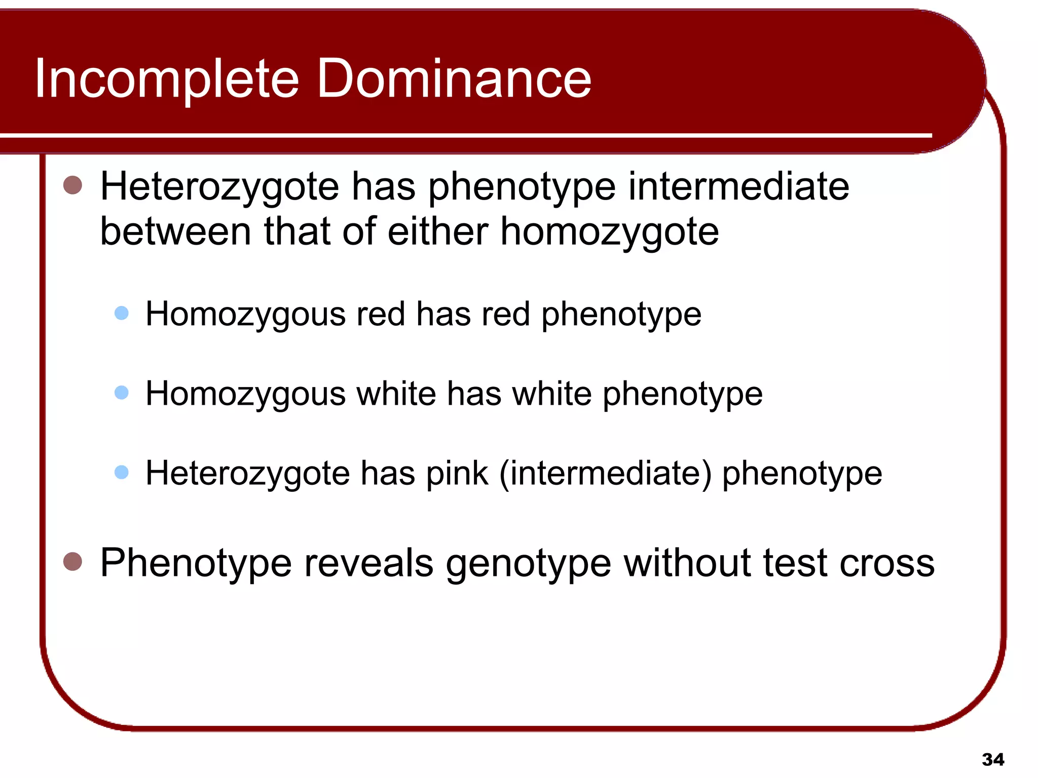 Incomplete Dominance Heterozygote has phenotype intermediate between that of either homozygote Homozygous red has red phenotype Homozygous white has white phenotype Heterozygote has pink (intermediate) phenotype Phenotype reveals genotype without test cross 