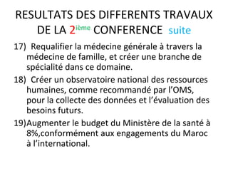 RESULTATS DES DIFFERENTS TRAVAUX
DE LA 2ième
CONFERENCE suite
17) Requalifier la médecine générale à travers la
médecine de famille, et créer une branche de
spécialité dans ce domaine.
18) Créer un observatoire national des ressources
humaines, comme recommandé par l’OMS,
pour la collecte des données et l’évaluation des
besoins futurs.
19)Augmenter le budget du Ministère de la santé à
8%,conformément aux engagements du Maroc
à l’international.
 