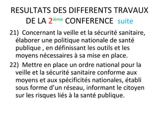 RESULTATS DES DIFFERENTS TRAVAUX
DE LA 2ième
CONFERENCE suite
21) Concernant la veille et la sécurité sanitaire,
élaborer une politique nationale de santé
publique , en définissant les outils et les
moyens nécessaires à sa mise en place.
22) Mettre en place un ordre national pour la
veille et la sécurité sanitaire conforme aux
moyens et aux spécificités nationales, établi
sous forme d’un réseau, informant le citoyen
sur les risques liés à la santé publique.
 