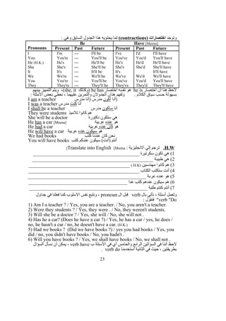 ‫وتوجد‬) ‫اختصارات‬contractions(: ‫وهي‬ ‫السايق‬ ‫الجدول‬ ‫هذا‬ ‫يحتويه‬ ‫لما‬
Pronouns
Be Have [Meena]
Present Past Future Present Past Future
I I'm --- I'll be I've I'd I'll have
You You're --- You'll be You've You'd You'll have
He (H.K.) He's --- He'll be He's He'd He'll have
She She's --- She'll be She's She'd She'll have
It It's --- It'll be It's It'll have
We We're --- We'll be We've We'd We'll have
You You're --- You'll be You've You'd You'll have
They They're --- They'll be They've They'd They'll have
‫اختصار‬ ‫ان‬ ‫هنا‬ ‫لحظ‬he is‫اختصار‬ ‫نفسه‬ ‫هو‬he has‫)وكذلك‬she, it‫بينهم‬ ‫التمييز‬ ‫ويتم‬ ،(
: ‫المثلة‬ ‫بعض‬ ‫نعطي‬ ، ‫عليهما‬ ‫والتمرين‬ ‫الجدولن‬ ‫هذان‬ ‫ولفهم‬ . ‫الكلم‬ ‫سياق‬ ‫حسب‬ ‫بسهولة‬
I am a teacher ‫أنا‬‫أكون‬‫مدرس‬ ‫)أنا‬ ‫مدرس‬ )
I was a teacher ‫أنا‬‫كنت‬‫مدرس‬
I shall be a teacher ‫أنا‬‫سأكون‬‫مدرس‬
They were students ‫تلميذ‬ ‫كانوا‬ ‫هم‬
She will be a doctor ‫دكتورة‬ ‫ستكون‬ ‫هي‬
He has a car [Meena] ‫هو‬‫عنده‬‫عربية‬
He had a car ‫هو‬‫عنده‬ ‫كان‬‫عربية‬
He will have a car ‫هو‬‫عنده‬ ‫سيكون‬‫عربية‬
We had books ‫كتب‬ ‫عندنا‬ ‫كان‬ ‫نحن‬
You will have books ‫كتب‬ ‫عندكم‬ ‫سيكون‬ (‫)أنت‬ ‫أنتم‬
H.W.: ‫النجليزية‬ ‫إلي‬ ‫ترجم‬Translate into English [Meena[
1___________________________________________ ‫سكرتيرة‬ ‫تكون‬ ‫هي‬ (
2_________________________________________________ ‫طبيبة‬ ‫هي‬ (
3‫مهندسين‬ ‫كانوا‬ ‫هم‬ ()H.K(._________________________________________
4_____________________________________________ ‫الكتاب‬ ‫ستكتب‬ ‫أنت‬ (
5________________________________________________ ‫عربة‬ ‫عنده‬ ‫هو‬ (
6________________________________________ ‫غدا‬ ‫كتب‬ ‫عندهم‬ ‫سيكون‬ ‫هم‬ (
7________________________________________________ ‫طلبة‬ ‫كنتم‬ ‫أنتم‬ (
‫بال‬ ‫نأتي‬ ، ‫أسئلة‬ ‫ولعمل‬verb‫ال‬ ‫قبل‬pronoun‫جداول‬ ‫في‬ ‫فعلنا‬ ‫كما‬ ‫السلوب‬ ‫نفس‬ ‫ونتبع‬ ،
verb "Do: ‫فنقول‬ "
1) Am I a teacher ? / Yes, you are a teacher. / No, you aren't a teacher.
2) Were they students ? / Yes, they were . / No, they weren't students.
3) Will she be a doctor ? / Yes, she will / No, she will not .
4) Has he a car? (Does he have a car ?) / Yes, he has a car / yes, he does /
no, he hasn't a car / no, he doesn't have a car. (H.K.)
5) Had we books ? (Did we have books ?) / yes you had books / Yes, you
did / no, you didn't have books / No, you hadn't .
6) Will you have books ? / Yes, we shall have books / No, we shall not .
‫ب‬ ‫السئلة‬ ‫في‬ ‫أي‬ ‫والخامس‬ ‫الرابع‬ ‫السؤالين‬ ‫في‬ ‫أننا‬ ‫لحظ‬verb have‫السؤال‬ ‫نسأل‬ ‫أن‬ ‫يمكن‬ ،
‫استخدمنا‬ ‫الثانية‬ ‫في‬ ‫حيث‬ ، ‫بطريقتين‬verb do.
23
 