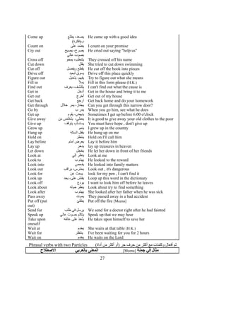 Come up ‫يطلع‬ ،‫يصعد‬
(‫ب)فكرة‬
He came up with a good idea
Count on ‫على‬ ‫يعتمد‬ I count on your promise
Cry out ‫يصيح‬ ،‫يصرخ‬
‫عالي‬ ‫بصوت‬
He cried out saying "help us"
Cross off ‫يمحو‬ ،‫يشطب‬ They crossed off his name
Cut down ‫يقلل‬ She tried to cut down swimming
Cut off ‫ويفصل‬ ‫يقطع‬ He cut off the book into pieces
Drive off ‫لبعيد‬ ‫يسوق‬ Drive off this place quickly
Figure out ‫يتخيل‬ ،‫يفهم‬ Try to figure out what she means
Fill in ‫يمل‬ Fill in this form please (H.K.)
Find out ‫يعرف‬ ،‫يكتشف‬ I can't find out what the cause is
Get in ‫أدخل‬ Get in the house and bring it to me
Get out ‫أخرج‬ Get out of my house
Get back ‫ارجع‬ Get back home and do your homework
Get through ‫خلل‬ ‫يمر‬ ،‫يجتاز‬ Can you get through this narrow door?
Go by ‫ب‬ ‫يمر‬ When you go him, see what he does
Get up ‫يقوم‬ ،‫ينهض‬ Sometimes I get up before 6:00 o'clock
Give away ‫من‬ ‫يتخلص‬ ،‫يعطي‬ It is good to give away your old clothes to the poor
Give up ‫يتوقف‬ ،‫يستسلم‬ You must have hope , don't give up
Grow up ‫ينمو‬ I grew up in the country
Hang up ‫السكة‬ ‫يقفل‬ He hung up on me
Hold on ‫ينتظر‬ Hold on I'll call him
Lay before ‫أمام‬ ‫يعرض‬ Lay it before him
Lay up ‫يدخر‬ lay up treasures in heaven
Let down ‫يخجل‬ He let her down in front of her friends
Look at ‫إلي‬ ‫ينظر‬ Look at me
Look to ‫ب‬ ‫يهتم‬ He looked to the reward
Look into ‫يفحص‬ He looked into family matters
Look out ‫يراقب‬ ،‫يحترس‬ Look out , it's dangerous
Look for ‫عن‬ ‫يبحث‬ look for my pen , I can't find it
Look up ‫يجد‬ ،‫على‬ ‫يفتش‬ Loop up this word in the dictionary
Look off ‫يودع‬ I want to look him off before he leaves
Look about ‫حوله‬ ‫ينظر‬ Look about try to find something
Look after ‫ب‬ ‫يهتم‬ She looked after her father when he was sick
Pass away ‫يموت‬ They passed away in a bad accident
Put off (put
out)
‫يطفئ‬ Put off the fire [Meena]
Send for ‫طلب‬ ‫في‬ ‫يرسل‬ We send for a doctor right after he had fainted
Speak up ‫عالي‬ ‫بصوت‬ ‫يتكلم‬ Speak up that we may hear
Take upon
oneself
‫عاتقه‬ ‫على‬ ‫يأخذ‬ He takes upon himself to save her
Wait at ‫يخدم‬ She waits at that table (H.K.)
Wait for ‫ينتظر‬ I've been waiting for you for 2 hours
Wait on ‫يخدم‬ He waits on the Lord
(‫أداة‬ ‫من‬ ‫أكثر‬ ‫)أو‬ ‫جر‬ ‫حرف‬ ‫من‬ ‫أكثر‬ ‫مع‬ ‫وكلمات‬ ‫أفعال‬ ‫ثم‬Phrasal verbs with two Particles
‫الصطلح‬ ‫بالعربي‬ ‫المعنى‬ ‫جملة‬ ‫في‬ ‫مثال‬]Meena[
27
 
