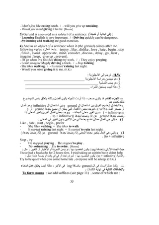 - I don't feel like eating lunch. / - will you give up smoking.
- Would you mind giving it to me. [Meena]
3) Gerund is also used as a subject of a sentence (‫كمبتدأ‬ ‫أو‬ ‫البداية‬ ‫)في‬ :
- Learning English is very important. / - Driving quickly can be dangerous.
- Swimming and walking are good exercises.
4) And as an object of a sentence when it (the gerund) comes after the
following verbs (‫أفعال‬ ‫)بعد‬ : (enjoy , like , dislike , love , hate , begin , stop
, finish , avoid , appreciate , mind, consider , discuss , delay , go , hear ,
imagine , keep, give up , prevent).
- I'll go when I've finished doing my work. / - They enjoy praying.
- I can't imagine Magdy driving a truck. / - Stop talking.
- She likes walking. / - It started raining last night.
- Would you mind giving it to me. (H.K.)
H.W.: ‫النجليزية‬ ‫إلي‬ ‫ترجم‬
1___________________________________ ‫النجليزية‬ ‫بدراسة‬ ‫مهتمين‬ ‫هم‬ (
2__________________________________________ ‫التمشية‬ ‫يحب‬ ‫هو‬ (
3_____________________________________ ‫الشراء‬ ‫يستحق‬ ‫البيت‬ ‫هذا‬ (
‫القادم‬ ‫الجزء‬ ---‫الموضوع‬ ‫بنفس‬ ‫يتعلق‬ ‫ولكنه‬ ‫أفضل‬ ‫يكون‬ ‫تأجيله‬ ‫أردت‬ ‫إذا‬ ، ‫صعب‬ ‫يكون‬ ‫قد‬
.‫هنا‬ ‫كتبناه‬ ‫لذلك‬
‫ال‬ ‫استعمال‬ ‫بين‬ ‫الفرق‬ ‫توضيح‬ ‫يفضل‬ ‫وهنا‬gerund‫ال‬ ‫استعمال‬ ‫وبين‬infinitive‫أصل‬ ‫وهو‬
) ‫الفعل‬ ‫مصدر‬ ‫أو‬verb‫بعدها‬ ‫نضع‬ ‫أن‬ ‫يمكن‬ ‫التي‬ ‫الفعال‬ ‫بعض‬ ‫فيوجد‬ ، (gerund) ‫أو‬
infinitive to‫إذا‬ ‫المعنى‬ ‫يتغير‬ ‫أخرى‬ ‫أفعال‬ ‫بعض‬ ‫ويوجد‬ ، ‫الجملة‬ ‫معنى‬ ‫تغيير‬ ‫بدون‬ ( +
‫بعدها‬ ‫وضعنا‬gerund)) ‫بعدها‬ ‫وضعنا‬ ‫إذا‬ ‫عن‬to + infinitive.
1(: ‫المعنى‬ ‫في‬ ‫تغيير‬ ‫بدون‬ ‫الثنين‬ ‫من‬ ‫أي‬ ‫بعدها‬ ‫نضع‬ ‫ممكن‬ ‫أفعال‬ ‫هي‬ ‫مايلي‬
Like , hate , start , begin , prefer
- She likes walking = She likes to walk
- It started raining last night = It started to rain last night.
2(‫بعدها‬ ‫وضعنا‬ ‫إذا‬ ‫المعنى‬ ‫بعدها‬ ‫يتغير‬ ‫أفعال‬ ‫هي‬ ‫ومايلي‬gerund) ‫بعدها‬ ‫وضعنا‬ ‫إذا‬ ‫عن‬
to + infinitive. (
Stop , try
- He stopped playing . He stopped to play .
- Try swimming . Try to swim . [Meena]
‫)باضافة‬ ‫الولى‬ ‫الجملة‬ ‫حيث‬ing: ‫مثل‬ : ‫التغيير‬ ‫أو‬ ‫الختبار‬ ‫أو‬ ‫التجربة‬ ‫من‬ ‫نوع‬ : ‫بها‬ ‫المقصود‬ ‫يكون‬ (
I have had a headache for 2 hours now, I tried taking an aspirin but it didn't help.
) ‫والثانية‬to + infinitive: ‫مثل‬ ،‫عامة‬ ‫بصفة‬ ‫أو‬ ‫وقت‬ ‫أي‬ ‫في‬ ‫أو‬ ‫واحدة‬ ‫لمرة‬ : ‫بها‬ ‫المقصود‬ ‫يكون‬ (
Try to be quiet when you come home late , everyone will be asleep. (H.K.)
---‫ال‬ ‫في‬ ‫اسماء‬ ‫عملنا‬ ‫وكما‬gerund‫باضافة‬ing‫أيضا‬ ‫هكذا‬ ، ‫الخر‬ ‫في‬‫اسماء‬ ‫عمل‬ ‫يمكن‬
‫التالية‬ ‫بالضافات‬: ‫الكلمات‬ ‫نهاية‬ ‫في‬
To form nouns : we add suffixes (see page 11) , some of which are :
35
 