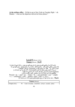 At the airlines office : I'd like to go to New York on Tuesday flight / ok.
Madam / what are the departure and arrival times please ?
Level 9 [Meena] (H.K.)
Tenses [Meena] ‫الزمنة‬
‫ولمقارنة‬ ‫للسهولة‬ ‫وذلك‬ ، ‫بعض‬ ‫مع‬ ‫كلهم‬ ‫نشرحهم‬ ‫ثم‬ ‫بعض‬ ‫مع‬ ‫كلهم‬ ‫سنكتبهم‬ ‫للزمنة‬ ‫بالنسبة‬
‫ال‬ ‫من‬ ‫سنأخذ‬ ‫أكثر‬ ‫وللسهولة‬ . ‫أكثر‬ ‫اتقانهم‬ ‫وبالتالي‬ ‫ببعض‬ ‫كله‬pronouns‫هذا‬ ‫في‬ ‫كلهم‬ ‫معهم‬
" ‫التالي‬ ‫الجدول‬I‫ال‬ ‫بقية‬ ‫نستخدم‬ ‫ثم‬ ، ‫فقط‬ "pronouns. ‫التطبيقات‬ ‫بعض‬ ‫مع‬
) ‫المحادثات‬ ‫في‬ ‫جدا‬ ‫هام‬ ‫لنه‬ ، ‫تماما‬ (‫)الفصل‬ ‫الباب‬ ‫هذا‬ ‫وحفظ‬ ‫بفهم‬ ‫الهتمام‬ ‫وبرجاء‬
conversations.‫الكتاب‬ ‫هذا‬ ‫في‬ ‫تليه‬ ‫التي‬ ‫البواب‬ ‫كل‬ ‫عليه‬ ‫مبني‬ ‫ولنه‬ (
‫ولننسى‬: ‫كالتي‬ ‫الكلمات‬ ‫بعض‬ ‫سنختصر‬ ‫دائما‬ ‫أننا‬ (‫نذكر‬ ‫دايما‬ ‫)بل‬
Present = pr. / past = pa. / future = fu. / past participle = p.p. / simple
= s. / continuous = cont. / perfect = perf. / verb = v. (H.K.)
‫ملحوظة‬‫ال‬ ‫فيها‬ ‫جداول‬ ‫ستجد‬ :past participle (p.p‫صفحة‬ ‫من‬ ‫ابتداء‬ (.52
Tenses [Meena]
Simple (H.K.) Pr. I eat ( everyday , sometimes , always , usually , often)
46
 