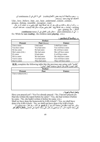 )‫الفعال‬ ‫بعض‬ ‫توجد‬ ‫أنه‬ ‫ملحظة‬ ‫ويجب‬ ---verbs‫ال‬ ‫في‬ ‫تأتي‬ ‫ل‬ ‫التي‬ (continuous‫أي‬
‫لها‬ ‫لنضيف‬ing: ‫ومنها‬]Meena[
Like , love , believe , hate , see , hear , understand , consist , contain ,
possess , belong , resemble , recognize , want .
‫اضافة‬ ‫عند‬ ‫انه‬ ‫وهو‬ ‫قبل‬ ‫من‬ ‫قلناه‬ ‫ما‬ ‫نذكر‬ ‫أن‬ ‫ولبد‬ ---ing‫ب‬ ‫ينتهي‬ ‫لفعل‬e‫ال‬ ‫نحذف‬e‫مثل‬
write - writing‫اضافة‬ ‫وعند‬ ،ing‫قبله‬ ‫ساكن‬ ‫بحرف‬ ‫ينتهي‬ ‫لفعل‬vowel‫الحرف‬ ‫نضاعف‬ ،
‫مثل‬ ، ‫الساكن‬get - getting.
‫ال‬ ‫في‬ ---past continuous‫ال‬ ‫في‬ ‫الفعلين‬ ‫يكون‬ ‫ممكن‬ ،continuous tense
Ex: While he was reading , the children were playing . (H.K.)
‫لل‬ ‫وبالنسبة‬ ---perfect:
Perfect
Present Past [Meena] Future
I have eaten I had eaten I shall have eaten
You have eaten You had eaten You will have eaten
He has eaten He had eaten He will have eaten
She's eaten (H.K.) She had eaten She will have eaten
It's eaten It had eaten It will have eaten
We've eaten We had eaten We shall have eaten
You've eaten You had eaten You will have eaten
they've eaten They had eaten They will have eaten
H.W. complete the following table like the previous one using verb "walk"
"‫"يمشي‬ ‫الفعل‬ ‫مستخدما‬ ‫السابق‬ ‫مثل‬ ‫القادم‬ ‫الجدول‬ ‫أكمل‬
Perfect
Present Past Future
I have walked (H.K.)
: ‫وأجوبة‬ ‫أسئلة‬ ‫ولعمل‬
Have you prayed yet? / Yes I've already prayed. / No, I haven't prayed yet.
Had she written the report before he came? / Yes, she had written it before
he came. / No, she hadn't written it before he came. (H.K.)
Shall we have done the homework by 6:00 o'clock? / Yes, we shall have
done it by 6:00 o'clock. / No, we shall not have done it by 6:00 o'clock.
‫صفحة‬ ‫في‬ ‫ماقلناه‬ ‫أيضا‬ ‫هنا‬ ‫ونكرر‬47‫أن‬ ‫وهو‬‫ال‬perf‫أو‬ (‫)بينتهي‬ ‫بيتم‬ ، ‫فعل‬ ‫وهو‬ ، ‫التام‬ ‫هو‬ .
‫الماضي‬ ‫في‬ ‫النتهاء‬ ‫وشك‬ ‫علي‬ ‫كان‬ ‫أو‬ (‫)انتهى‬ ‫تم‬ ‫أو‬ ، ‫الن‬ ‫النتهاء‬ ‫وشك‬ ‫علي‬‫آخر‬ ‫بفعل‬ ‫بالمقارنة‬
49
 