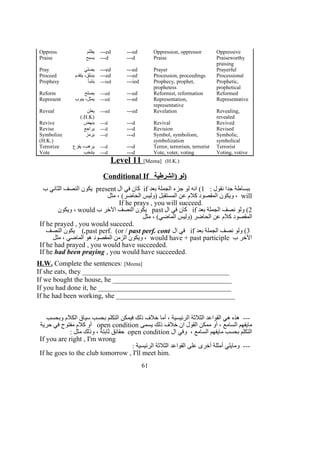 Oppress ‫يظلم‬ ---ed ---ed Oppression, oppressor Oppressive
Praise ‫يسبح‬ ---d ---d Praise Praiseworthy
praising
Pray ‫يصلي‬ ---ed ---ed Prayer Prayerful
Proceed ‫يتقدم‬ ،‫ينبثق‬ ---ed ---ed Procession, proceedings Processional
Prophesy ‫يتنبأ‬ ---ied ---ied Prophecy, prophet,
prophetess
Prophetic,
prophetical
Reform ‫يصلح‬ ---ed ---ed Reformist, reformation Reformed
Represent ‫ينوب‬ ،‫يمثل‬ ---ed ---ed Representation,
representative
Representative
Reveal ‫يعلن‬
)H.K(.
---ed ---ed Revelation Revealing,
revealed
Revive ‫ينهض‬ ---d ---d Revival Revived
Revise ‫يراجع‬ ---d ---d Revision Revised
Symbolize
(H.K.)
‫يرمز‬ ---d ---d Symbol, symbolism,
symbolization
Symbolic,
symbolical
Terrorize ‫يفزع‬ ،‫يرهب‬ ---d ---d Terror, terrorism, terrorist Terrorist
Vote ‫ينتخب‬ ---d ---d Vote, voter, voting Voting, votive
Level 11 [Meena] (H.K.)
Conditional If ‫)الشرطية‬ ‫لو‬)
: ‫نقول‬ ‫جدا‬ ‫ببساطة‬1‫بعد‬ ‫الجملة‬ ‫جزء‬ ‫لو‬ ‫انه‬ (if‫ال‬ ‫في‬ ‫كان‬present‫ب‬ ‫الثاني‬ ‫النصف‬ ‫يكون‬
will‫مثل‬ ، (‫الحاضر‬ ‫)وليس‬ ‫المستقبل‬ ‫عن‬ ‫كلم‬ ‫المقصود‬ ‫ويكون‬ ،
If he prays , you will succeed.
2‫بعد‬ ‫الجملة‬ ‫نصف‬ ‫ولو‬ (if‫ال‬ ‫في‬ ‫كان‬past‫ب‬ ‫الخر‬ ‫النصف‬ ‫يكون‬would‫ويكون‬ ،
‫مثل‬ ، (‫الماضي‬ ‫)وليس‬ ‫الحاضر‬ ‫عن‬ ‫كلم‬ ‫المقصود‬
If he prayed , you would succeed.
3‫بعد‬ ‫الجملة‬ ‫نصف‬ ‫ولو‬ (if‫ال‬ ‫في‬past perf. (or / past perf. cont.‫النصف‬ ‫يكون‬ (
‫ب‬ ‫الخر‬would have + past participle‫مثل‬ ، ‫الماضي‬ ‫هو‬ ‫المقصود‬ ‫الزمن‬ ‫ويكون‬ ،
If he had prayed , you would have succeeded.
If he had been praying , you would have succeeded.
H.W. Complete the sentences: [Meena]
If she eats, they __________________________________________
If we bought the house, he __________________________________
If you had done it, he ______________________________________
If he had been working, she __________________________________
‫وبحسب‬ ‫الكلم‬ ‫سياق‬ ‫بحسب‬ ‫التكلم‬ ‫فيمكن‬ ‫ذلك‬ ‫خلف‬ ‫أما‬ ، ‫الرئيسية‬ ‫الثلثة‬ ‫القواعد‬ ‫هي‬ ‫هذه‬ ---
‫يسمى‬ ‫ذلك‬ ‫خلف‬ ‫ان‬ ‫القول‬ ‫ممكن‬ ‫أو‬ ، ‫السامع‬ ‫مايفهم‬open condition‫حرية‬ ‫في‬ ‫مفتوح‬ ‫كلم‬ ‫أو‬
‫ال‬ ‫وفي‬ ، ‫السامع‬ ‫مايفهم‬ ‫بحسب‬ ‫التكلم‬open condition: ‫مثل‬ ‫وذلك‬ ، ‫ثابتة‬ ‫حقائق‬
If you are right , I'm wrong
: ‫الرئيسية‬ ‫الثلثة‬ ‫القواعد‬ ‫على‬ ‫أخرى‬ ‫أمثلة‬ ‫ومايلي‬ ---
If he goes to the club tomorrow , I'll meet him.
61
 