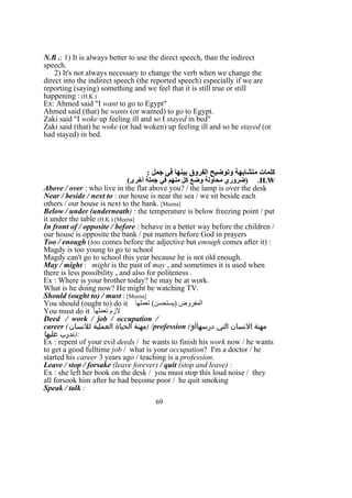 N.B .: 1) It is always better to use the direct speech, than the indirect
speech.
2) It's not always necessary to change the verb when we change the
direct into the indirect speech (the reported speech) especially if we are
reporting (saying) something and we feel that it is still true or still
happening : (H.K.)
Ex: Ahmed said "I want to go to Egypt"
Ahmed said (that) he wants (or wanted) to go to Egypt.
Zaki said "I woke up feeling ill and so I stayed in bed"
Zaki said (that) he woke (or had woken) up feeling ill and so he stayed (or
had stayed) in bed.
: ‫جمل‬ ‫في‬ ‫بينها‬ ‫الفروق‬ ‫وتوضيح‬ ‫متشابهة‬ ‫كلمات‬
H.W(‫أخرى‬ ‫جملة‬ ‫في‬ ‫منهم‬ ‫كل‬ ‫وضع‬ ‫محاولة‬ ‫)ضروري‬ .
Above / over : who live in the flat above you? / the lamp is over the desk
Near / beside / next to : our house is near the sea / we sit beside each
others / our house is next to the bank. [Meena]
Below / under (underneath) : the temperature is below freezing point / put
it under the table (H.K.) [Meena]
In front of / opposite / before : behave in a better way before the children /
our house is opposite the bank / put matters before God in prayers
Too / enough (too comes before the adjective but enough comes after it) :
Magdy is too young to go to school
Magdy can't go to school this year because he is not old enough.
May / might : might is the past of may , and sometimes it is used when
there is less possibility , and also for politeness .
Ex : Where is your brother today? he may be at work.
What is he doing now? He might be watching TV.
Should (ought to) / must : [Meena]
You should (ought to) do it ‫تعملها‬ (‫)يستحسن‬ ‫المفروض‬
You must do it ‫تعملها‬ ‫لزم‬
Deed / work / job / occupation /
career (‫للنسان‬ ‫العملية‬ ‫الحياة‬ ‫)مهنة‬ /profession (‫درسهاأو‬ ‫التي‬ ‫النسان‬ ‫مهنة‬
‫عليها‬ ‫:)تدرب‬
Ex : repent of your evil deeds / he wants to finish his work now / he wants
to get a good fulltime job / what is your occupation? I'm a doctor / he
started his career 3 years ago / teaching is a profession.
Leave / stop / forsake (leave forever) / quit (stop and leave) :
Ex : she left her book on the desk / you must stop this loud noise / they
all forsook him after he had become poor / he quit smoking
Speak / talk :
69
 