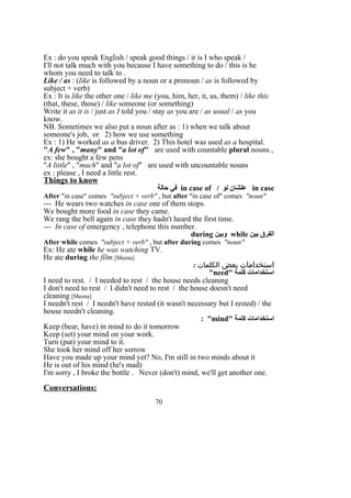 Ex : do you speak English / speak good things / it is I who speak /
I'll not talk much with you because I have something to do / this is he
whom you need to talk to .
Like / as : (like is followed by a noun or a pronoun / as is followed by
subject + verb)
Ex : It is like the other one / like me (you, him, her, it, us, them) / like this
(that, these, those) / like someone (or something)
Write it as it is / just as I told you / stay as you are / as usual / as you
know.
NB. Sometimes we also put a noun after as : 1) when we talk about
someone's job, or 2) how we use something
Ex : 1) He worked as a bus driver. 2) This hotel was used as a hospital.
"A few" , "many" and "a lot of" are used with countable plural nouns ,
ex: she bought a few pens
"A little" , "much" and "a lot of" are used with uncountable nouns
ex : please , I need a little rest.
Things to know
in case/ ‫لو‬ ‫علشان‬in case of‫حالة‬ ‫في‬
After "in case" comes "subject + verb" , but after "in case of" comes "noun"
--- He wears two watches in case one of them stops.
We bought more food in case they came.
We rang the bell again in case they hadn't heard the first time.
--- In case of emergency , telephone this number.
‫بين‬ ‫الفرق‬while‫وبين‬during
After while comes "subject + verb" , but after during comes "noun"
Ex: He ate while he was watching TV.
He ate during the film [Meena]
‫استخدامات‬: ‫الكلمات‬ ‫بعض‬
" ‫كلمة‬ ‫استخدامات‬need"
I need to rest. / I needed to rest / the house needs cleaning
I don't need to rest / I didn't need to rest / the house doesn't need
cleaning [Meena]
I needn't rest / I needn't have rested (it wasn't necessary but I rested) / the
house needn't cleaning.
" ‫كلمة‬ ‫استخدامات‬mind: "
Keep (bear, have) in mind to do it tomorrow
Keep (set) your mind on your work.
Turn (put) your mind to it.
She took her mind off her sorrow
Have you made up your mind yet? No, I'm still in two minds about it
He is out of his mind (he's mad)
I'm sorry , I broke the bottle . Never (don't) mind, we'll get another one.
Conversations:
70
 
