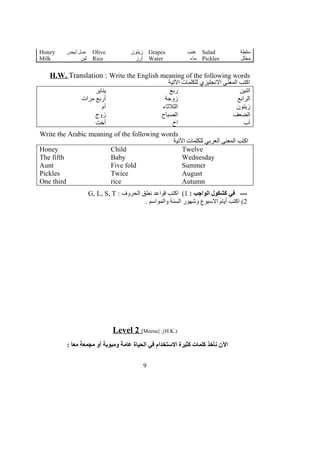 Honey ‫أبيض‬ ‫عسل‬ Olive ‫زيتون‬ Grapes ‫عنب‬ Salad ‫سلطة‬
Milk ‫لبن‬ Rice ‫أرز‬ Water ‫ماء‬ Pickles ‫مخلل‬
H.W. Translation : Write the English meaning of the following words
‫التية‬ ‫للكلمات‬ ‫النجليزي‬ ‫المعنى‬ ‫اكتب‬
‫يناير‬ ‫ربع‬ ‫اتنين‬
‫مرات‬ ‫أربع‬ ‫زوجة‬ ‫الرابع‬
‫أم‬ ‫الثلثاء‬ ‫زيتون‬
‫زوج‬ ‫الصباح‬ ‫الضعف‬
‫أخت‬ ‫اخ‬ ‫أب‬
Write the Arabic meaning of the following words
‫التية‬ ‫للكلمات‬ ‫العربي‬ ‫المعنى‬ ‫اكتب‬
Honey Child Twelve
The fifth Baby Wednesday
Aunt Five fold Summer
Pickles Twice August
One third rice Autumn
: ‫الواجب‬ ‫كشكول‬ ‫في‬ ---1: ‫الحروف‬ ‫نطق‬ ‫قواعد‬ ‫اكتب‬ (G, L, S, T
2. ‫والمواسم‬ ‫السنة‬ ‫وشهور‬ ‫السبوع‬ ‫أيام‬ ‫اكتب‬ (
Level 2 [Meena] (H.K.)
: ‫معا‬ ‫مجمعة‬ ‫أو‬ ‫ومبوبة‬ ‫عامة‬ ‫الحياة‬ ‫في‬ ‫الستخدام‬ ‫كثيرة‬ ‫كلمات‬ ‫نأخذ‬ ‫الن‬
9
 